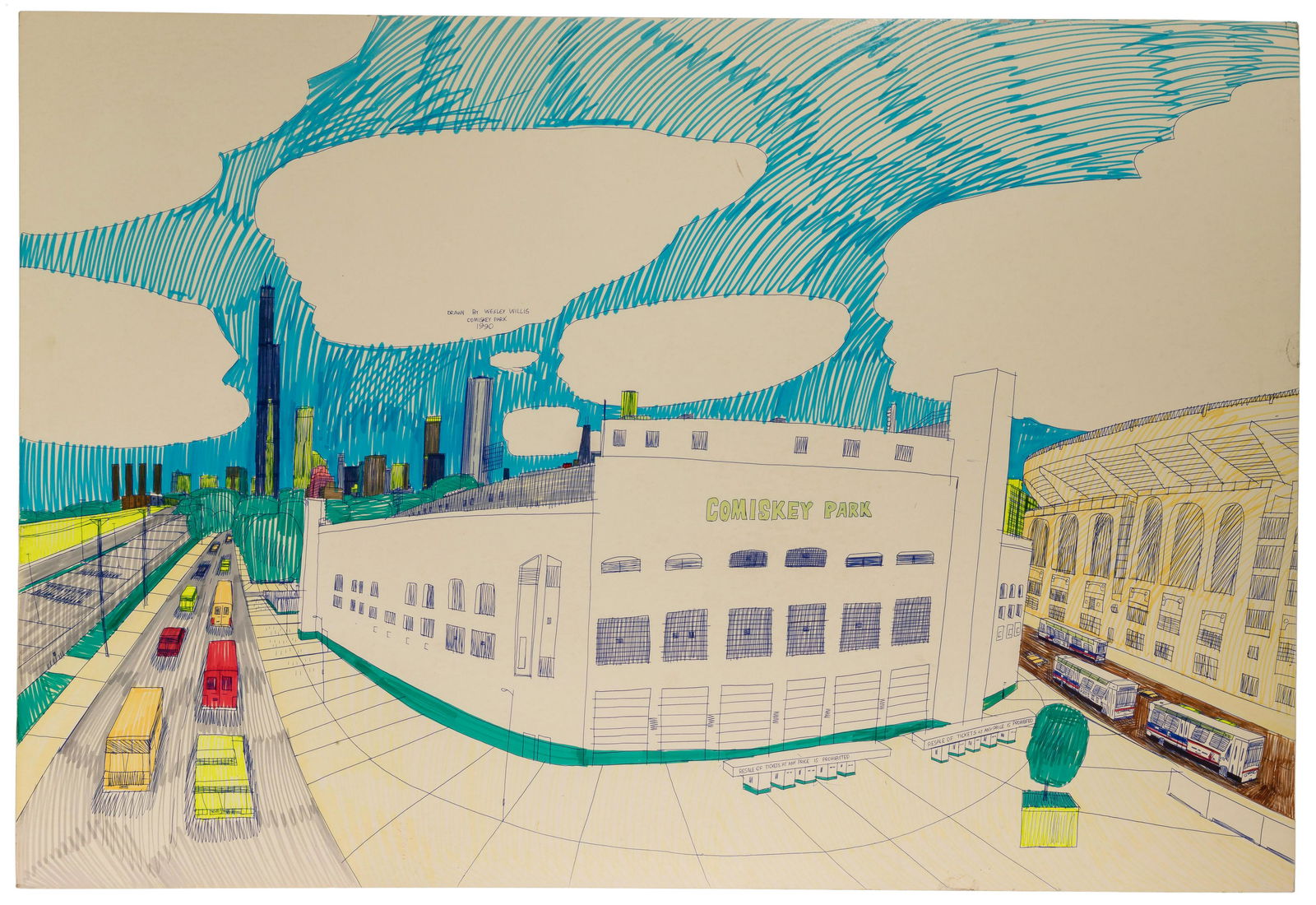 Wesley Willis (American, 1963-2003) 'Comiskey Park' Marker and Ballpoint Pen on Board (1 of 5)