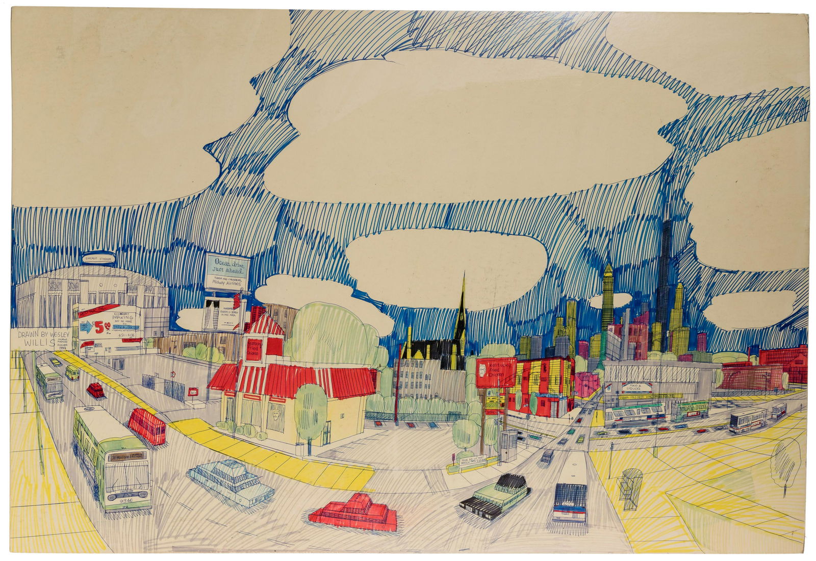 Wesley Willis (American, 1963-2003) 'Kentucky Fried Chicken' Marker and Ballpoint Pen on Board (1 of 5)