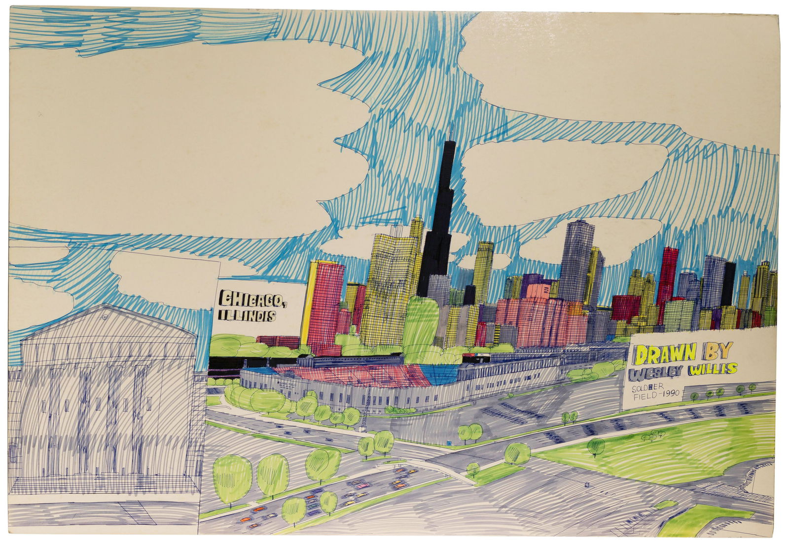 Wesley Willis (American, 1963-2003) 'Soldier Field' Marker and Ballpoint Pen on Board (1 of 2)