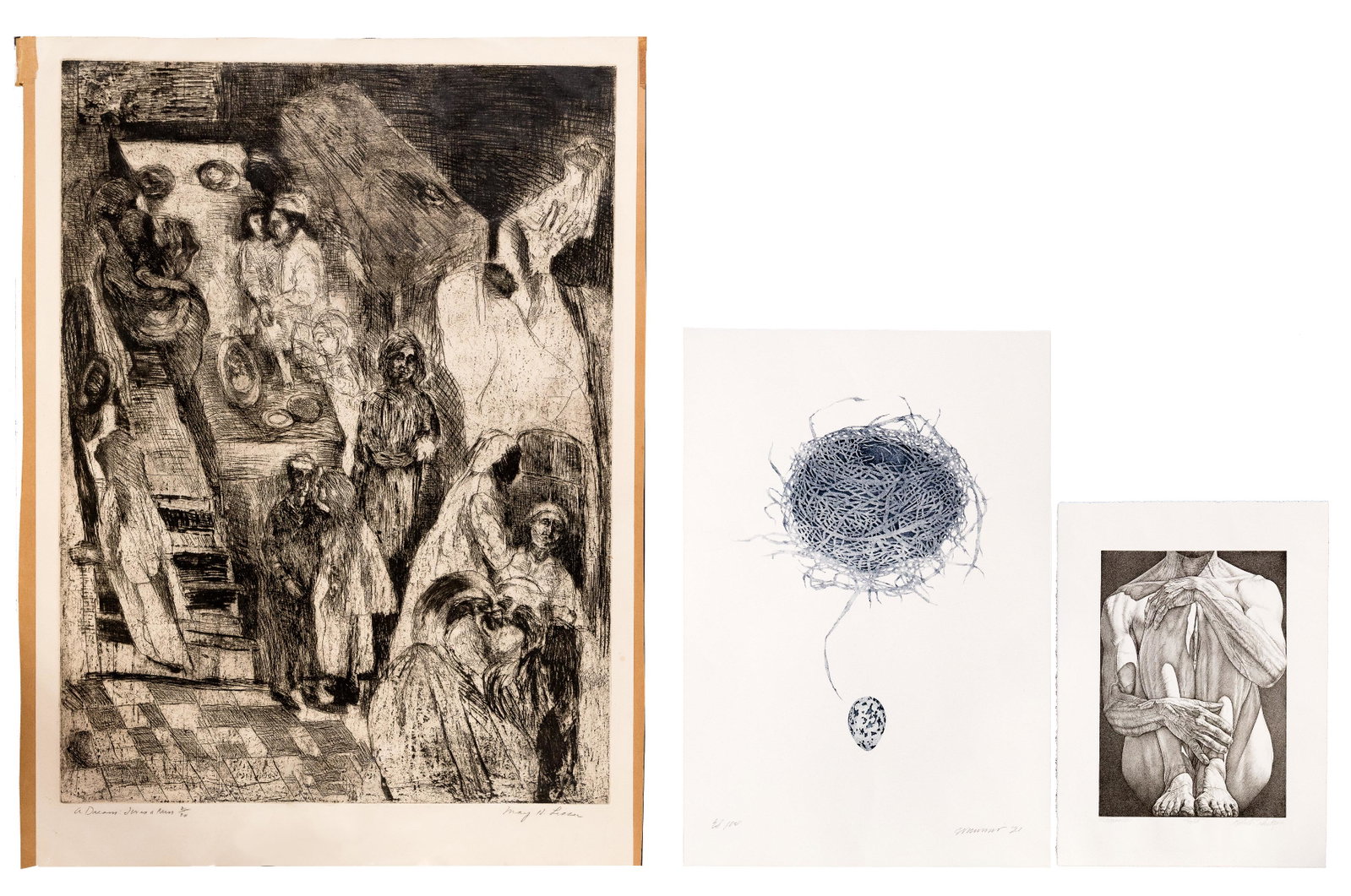 American 20th Century Print Assortment: American 20th Century Print Assortment (3) items including Mary Alice Wimmer (American, b.1938) 'Aenigma #1' intaglio, 2021, pencil signed and dated lower right, 'Ed. 100' lower left, depicting nest a