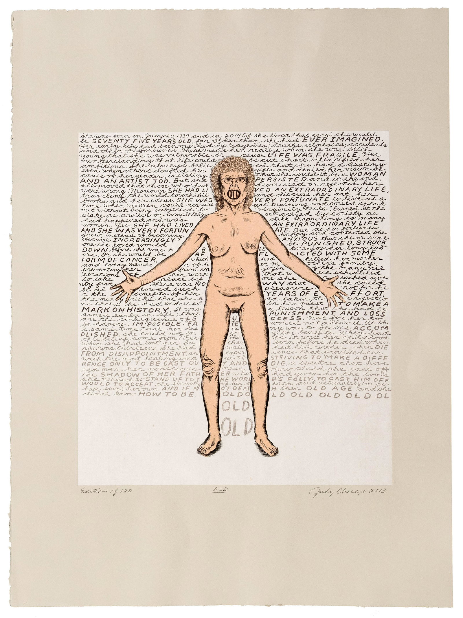 Judy Chicago (American, b.1939) 'Old' Lithograph and Etching: Judy Chicago (American, b.1939) 'Old' Lithograph and Etching 2013, pencil signed and dated lower right, titled center, 'Edition of 120' lower left, depicting nude female figure in front numerous lines