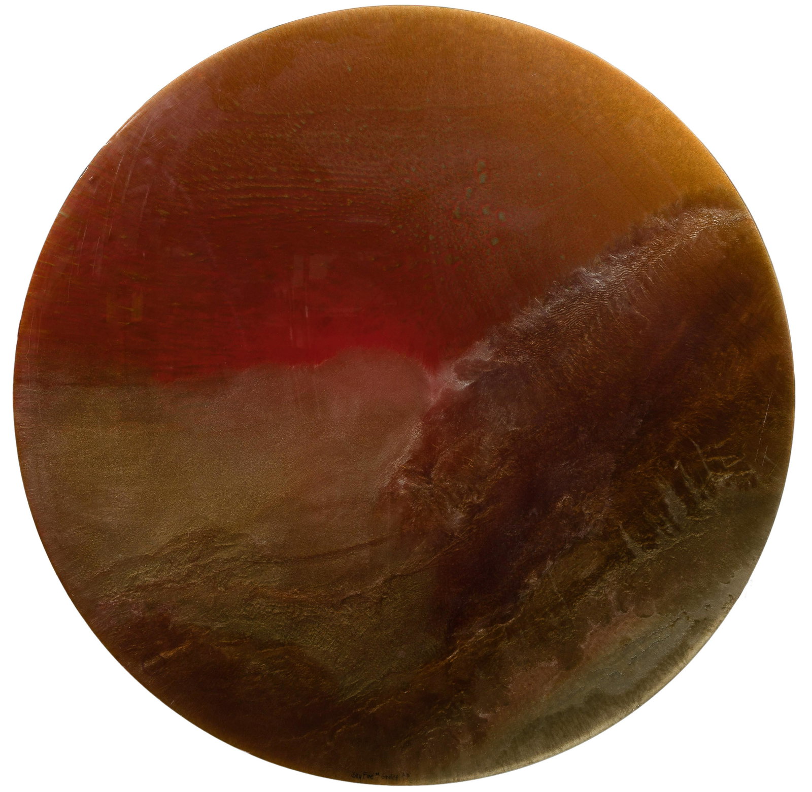 Gary Grotey (American, b.1945) 'Sky Fire' Acrylic Resin on Board: Gary Grotey (American, b.1945) 'Sky Fire' Acrylic Resin on Board Undated, signed at lower edge, self-leveling poured resin on painted black circular 0.75-inch thick particle board, evocative of shimme