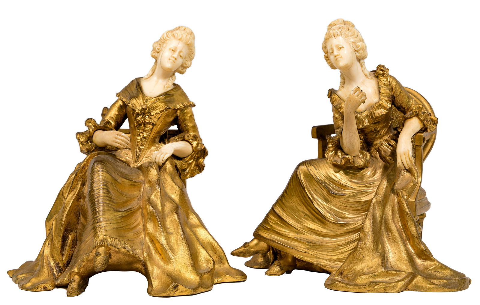 Xavier Raphanel (French, 19th Century) Bronze Figures: Xavier Raphanel (French, 19th Century) Bronze Figures Pair of gilded bronze and bone seated figures, signed 'X. Raphanel' on top of dresses at bottom, #2242 and #2744 on underside Property from: a Chi