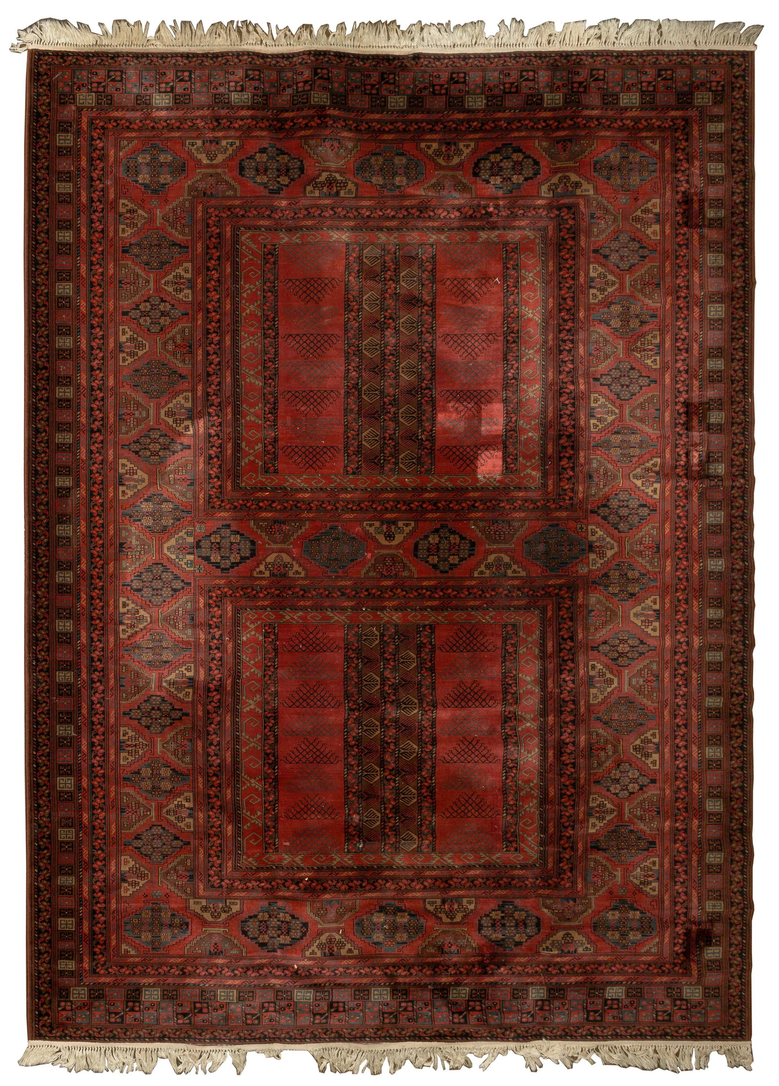 Louis de Poortere 'Mossoul' Wool Rug: Louis de Poortere 'Mossoul' Wool Rug Dense pile in a geometric abstract design having (2) center boxes in hues of blue, tan, rust and brown on a red field, fringe, maintaining original sticker Propert