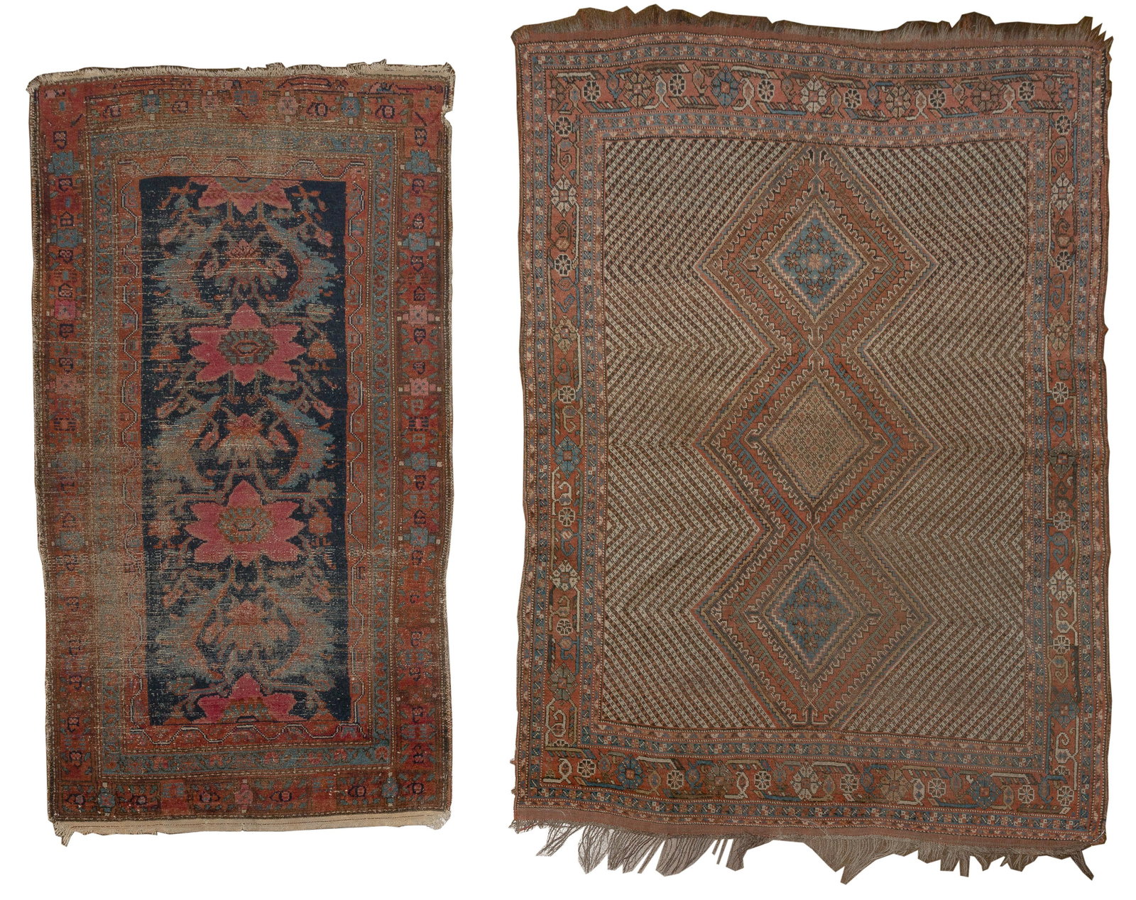 Persian Wool Rugs: Persian Wool Rugs (2) items including a handwoven geometric abstract with center medallion design in hues of tan, rust, black and blue on a cream field, fringe; and a handwoven floral abstract design 