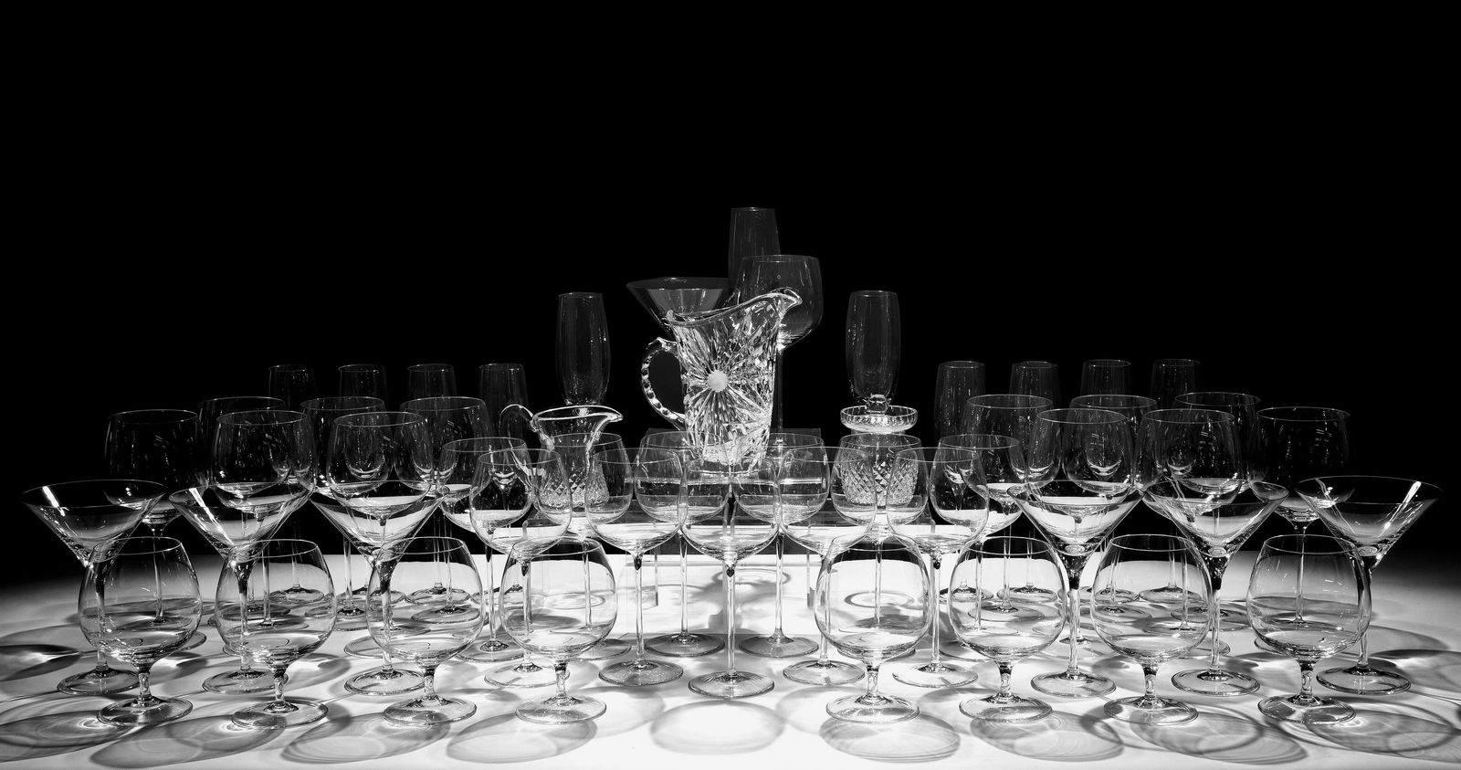 Ralph Lauren 'Bryant' Crystal Stemware Collection: Ralph Lauren 'Bryant' Crystal Stemware Collection (54) pieces including (11) martini glasses, (12) wine goblets, (12) water goblets, (8) brandy snifters and (11) champagne flutes, all having etched ma