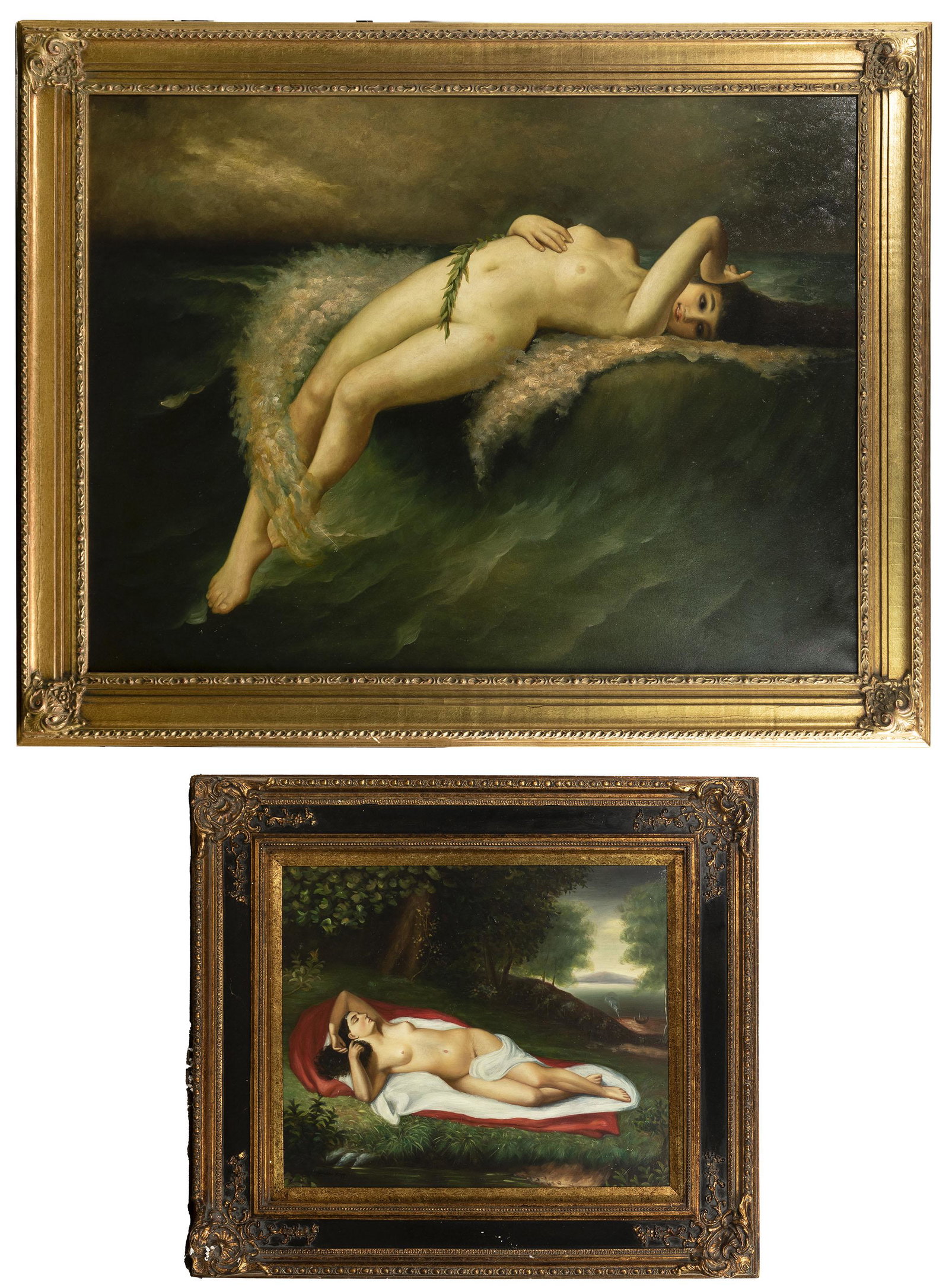 N. Henry Bingham (American, b.1939) 'Nude' Oil on Canvas: N. Henry Bingham (American, b.1939) 'Nude' Oil on Canvas Undated, signed lower right, in a gold tone frame; together with an undated Hamilton Riggs oil on canvas signed lower left, depicting a nude, i