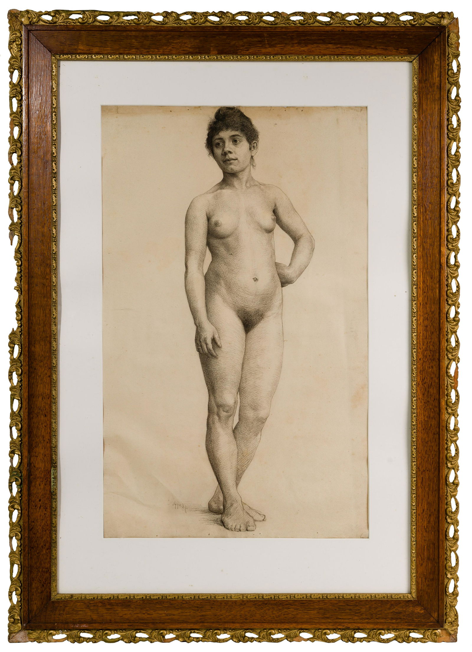 (School of) Thomas Eakins (American, 1844-1916) Graphite on Paper: (School of) Thomas Eakins (American, 1844-1916) Graphite on Paper 1887, dated lower right, unsigned, depicting a nude female standing with hand on hip and a foot angled outward; matted behind glass, w