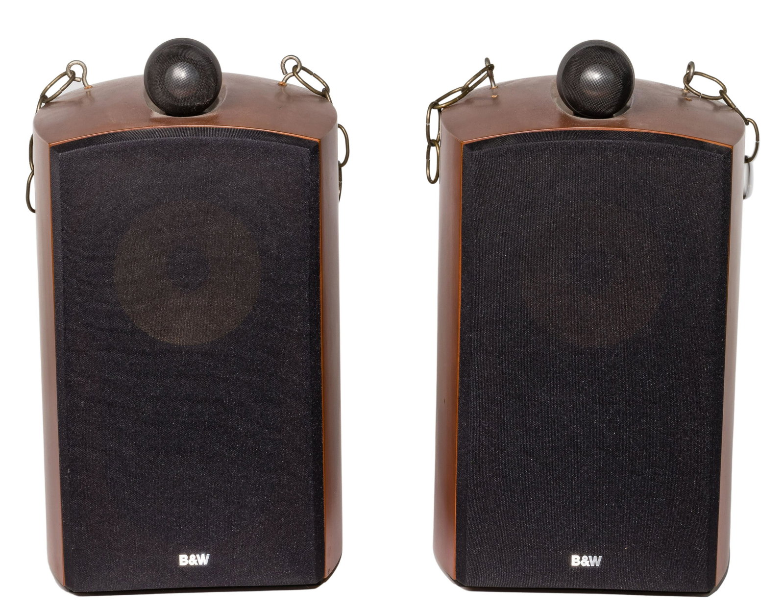 Bowers & Wilkins Nautilus 805 Speakers: Bowers & Wilkins Nautilus 805 Speakers Pair, hanging speakers having serial #006275 and #006276, cherry-stained plywood cabinet construction having the tweeters on top, Kevlar loudspeaker cones Proper