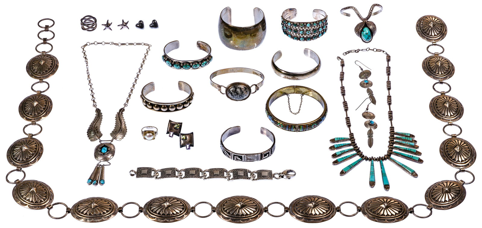 Sterling Silver Jewelry Assortment: Sterling Silver Jewelry Assortment Including in marked 'Tiffany & Co' / 'T&CO' a ring and (2) pairs of pierce earrings with backers; together with bracelets, necklaces, rings, earrings and a concho be