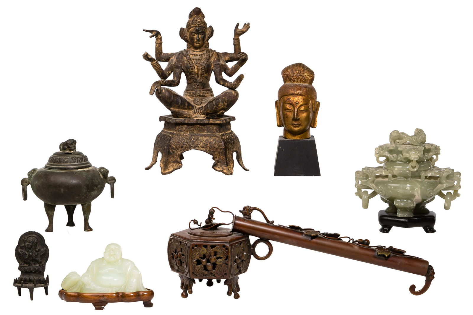 Asian Decorative Object Assortment: Asian Decorative Object Assortment (7) items including a Hetian 'mutton fat' carved nephrite jade Buddha figurine having custom wood base; bronze archaic style tripod censer having rings through handl