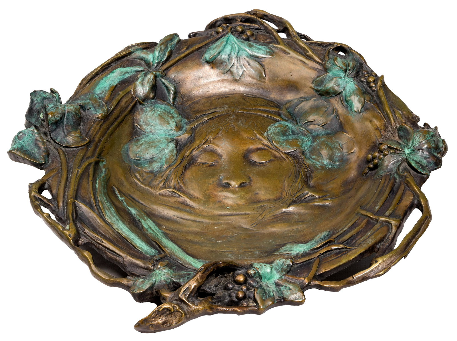 (After) Francois-Raoul Larche (French, 1860-1912) Copper Alloy Figural Dish: (After) Francois-Raoul Larche (French, 1860-1912) Copper Alloy Figural Dish Undated, spuriously etch signed 'R. Larche' en verso, having face surrounded by twigs, leaves and grapes, supported by (4) i