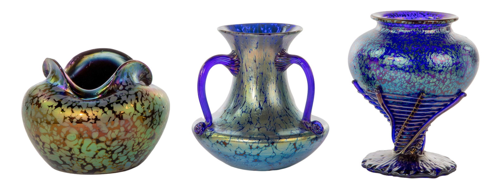 (Attributed to) Loetz Iridescent Art Glass Vases: (Attributed to) Loetz Iridescent Art Glass Vases (2) unsigned items including a cobalt blue ground spider web vase having iridescent paler blue spots, supported on an applied spider web base; and a si