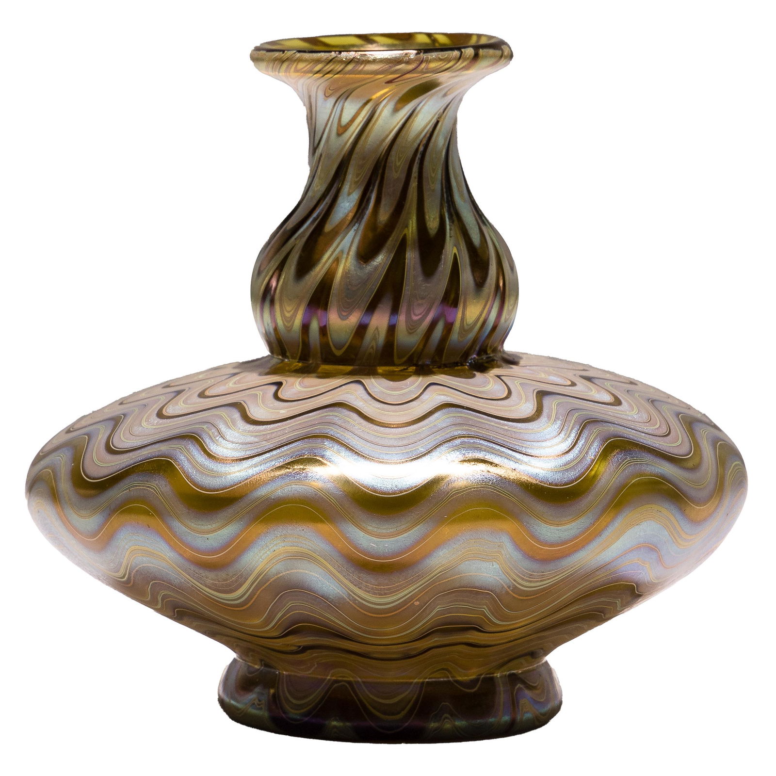 Loetz Art Glass Globular Vase: Loetz Art Glass Globular Vase Having gold and silver vertical zigzag decoration, signed on underside Property from: a Chicago, Illinois estate Height: 5 1/4 inches, Diameter: 5 1/2 inches Condition: V