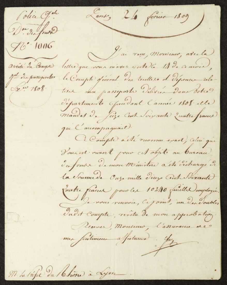 Joseph Fouche, Minister of Police Under Napoleon Bo: 1809. Formed the notorious "Temporary Commission for Republican Surveillance" in 1793. | 9 1/4 inches x 7 1/4 inches (document)