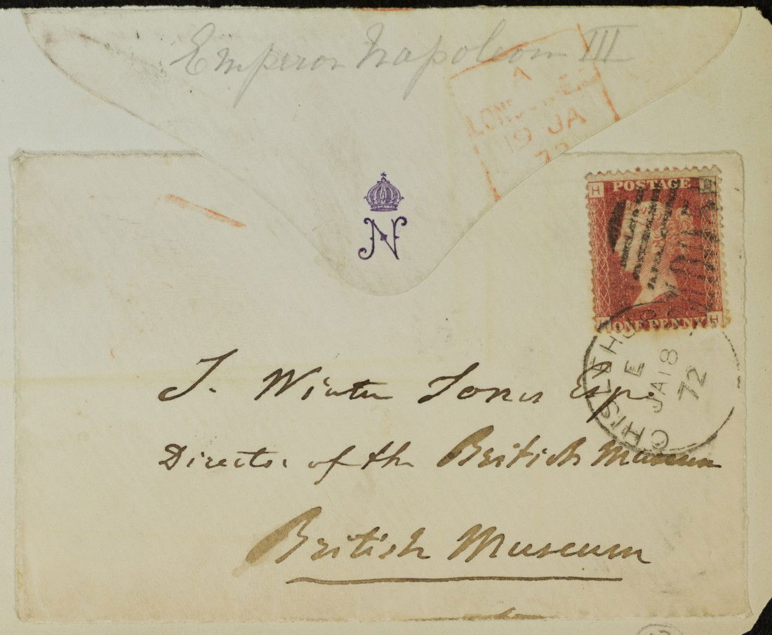 Napoleon Bonaparte III, Emperor of France, Signed P: 1872. Thank you letter to General Vandoncourt. Includes translation from Signature House, Bridgeport, WV and 1872 stamped envelop. | 11 inches x 8 1/4 inches (tipped to bond)