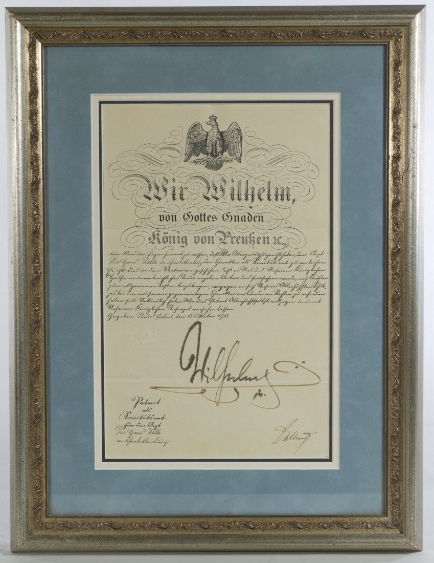Kaiser Wilhelm, Emperor of Germany, Signed Documen: 1913, dated October 13, autographed document appointing Hans Zelle to the Board of Health, embossed with the official seal. | 13 inches x 8 1/4 inches (paper size), 19 1/2 inches x 15 inches (framed)