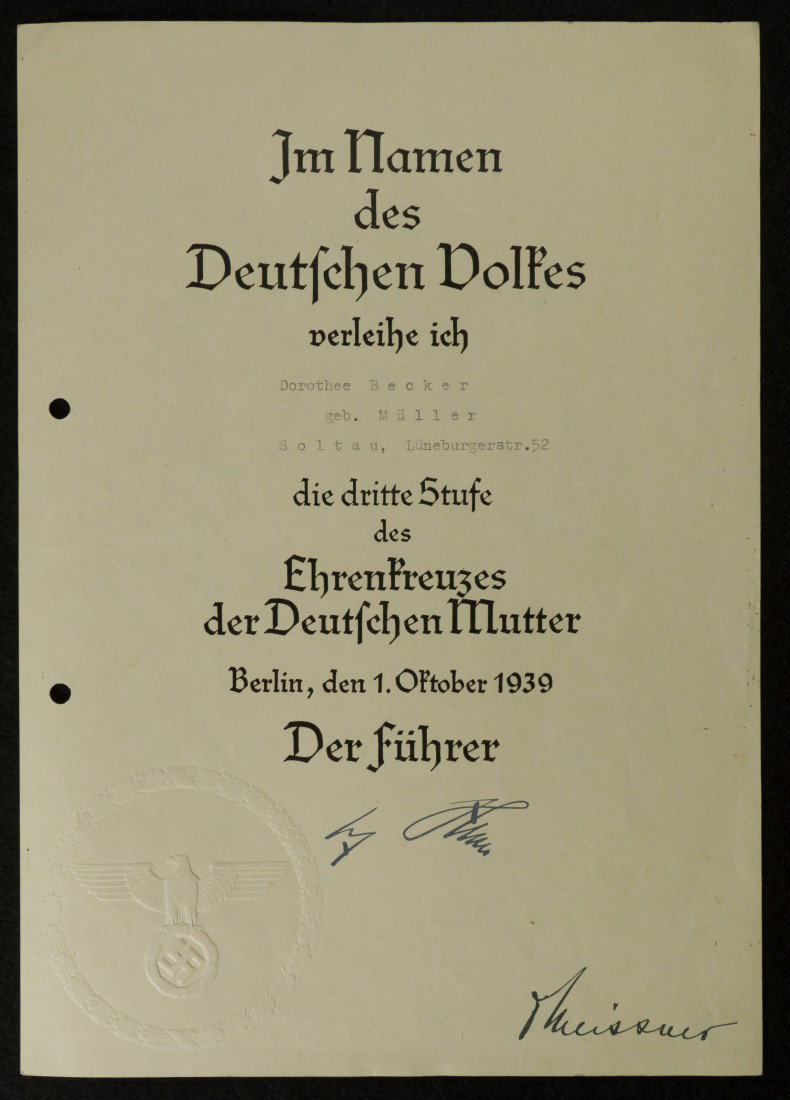 Adolph Hitler, Fuhrer of Germnay, Signed Award: 1939, dated October 1. | 11 1/2 inches x 8 1/4 inches