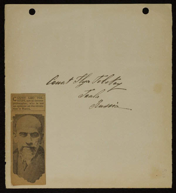 Ilya Tolstoy, Writer, Autograph: c.1900, signed "Count Ilya Tolstoy", son of Leo Tolstoy | 11 1/2 inches x 10 inches