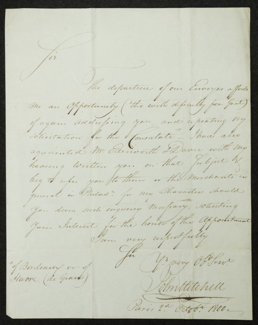 John Marshall, Secretary of State, Signed Letter: 1800, dated October 2, Paris. | 9 3/4 inches x 7 3/4 inches (paper size)