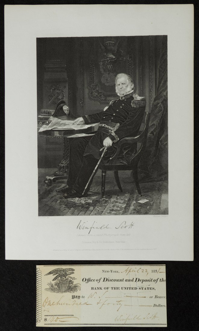 Winfield Scott, American General, Signed Check: 1831, dated April 22. With Print of Drawing. COA from Dan & Liz Rowe of The Written Word Autographs in Tamworth NH | 2 1/2 inches x 5 1/2 inches