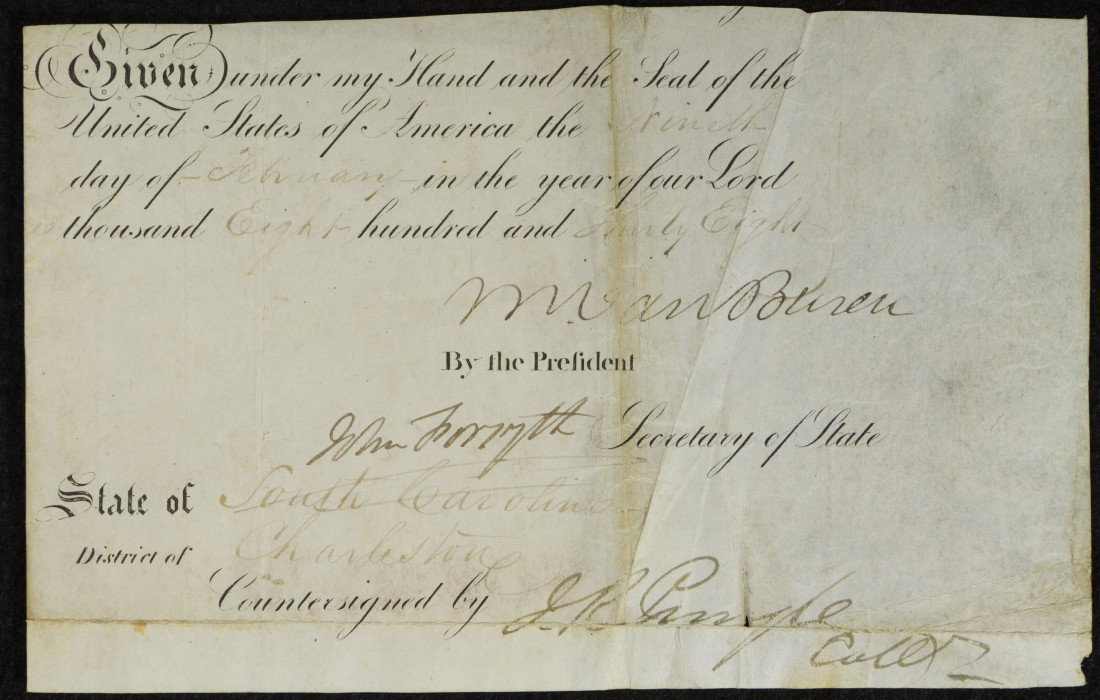 Martin Van Buren, President, Land Grant: 1838, dated February 9, land grant that has been cut, also signed by Secretary of State, John Forsyth, includes the United States wax seal | 5 inches x 11 3/4 inches