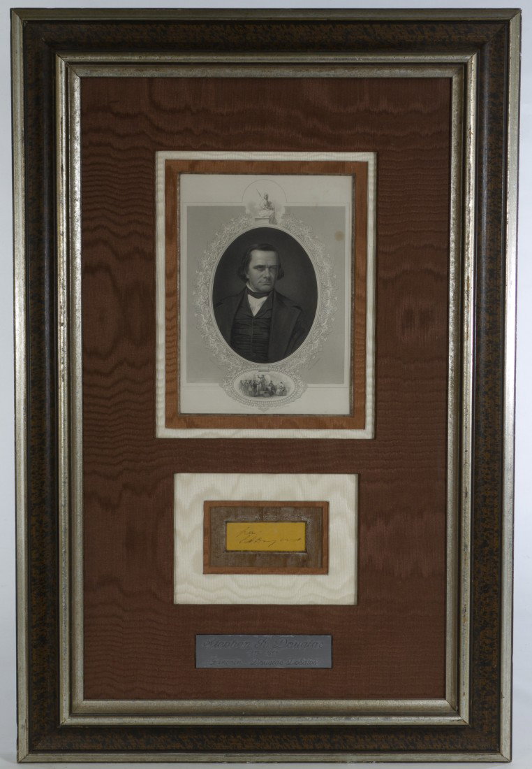 Stephen Douglas, Senator, Autograph: c.1855, Cut signature framed with an etching. COA from Americana & Hake's Collectibles. | 1 1/4 inches x 3 1/4 (paper size), 27 1/2 inches x 18 1/2 inches (framed)