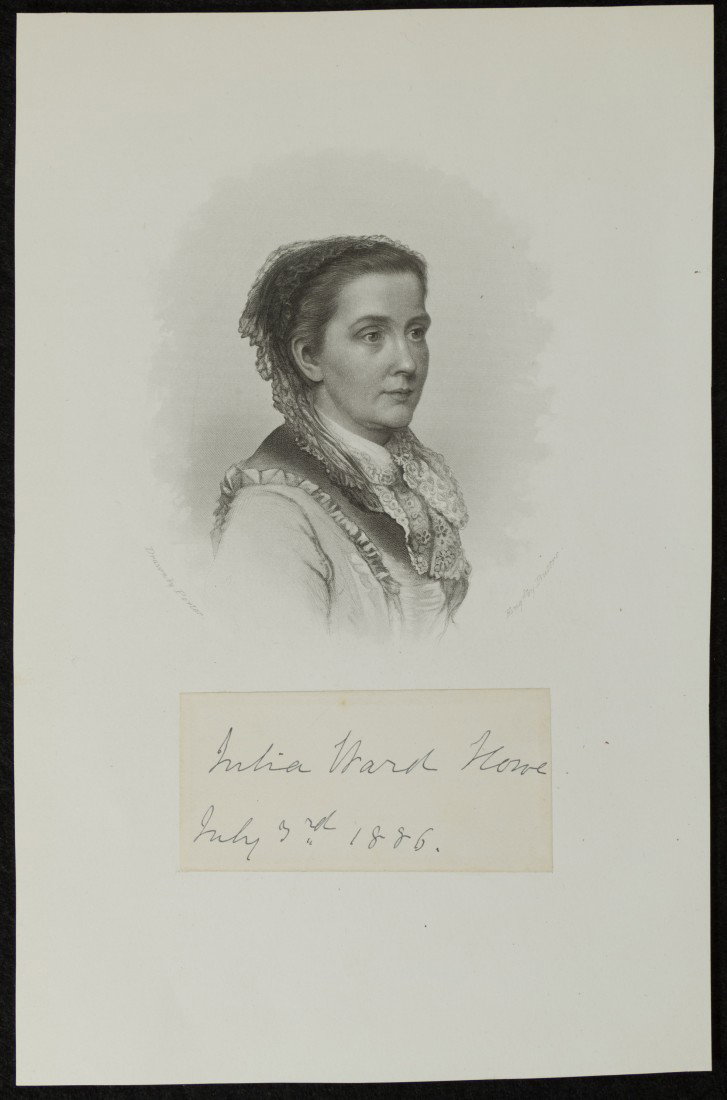 Julia Ward Howe, Composer, Cut Signature: 1886, dated July 3. Attached to Print of Drawing. Wrote the Battle Hymn of the Republic. | 8 1/4 inches x 5 1/4 inches