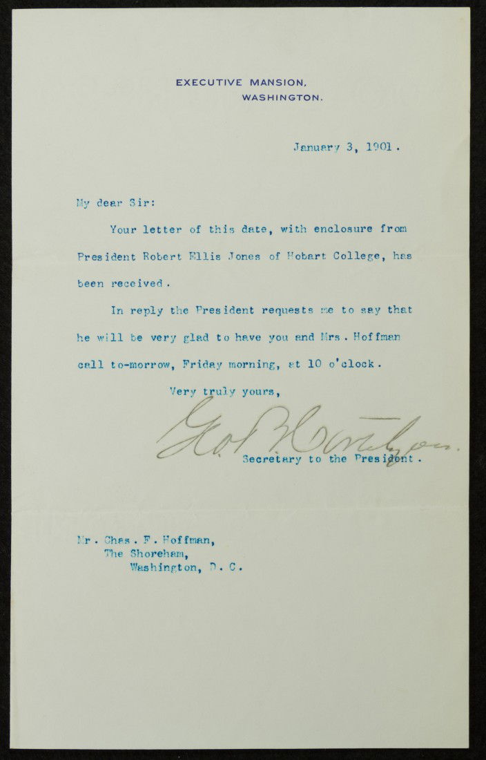 George B. Cortelyou, Personnel Secretary to Presid: 1901, dated January 3. Executive Mansion reply letter with envelop setting up phone call to the President | 9 inches x 5 3/4 inches (letter). 3 1/2 inches x 6 inches (envelop)