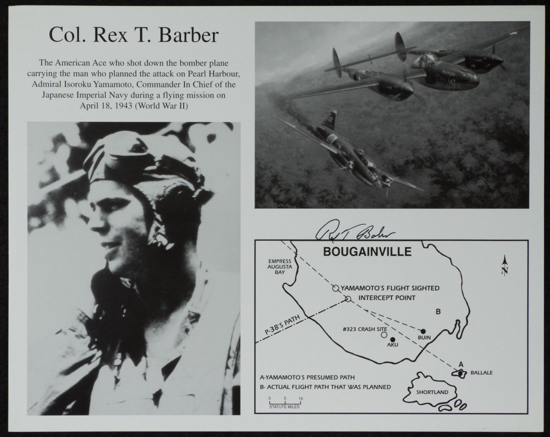 Col. Rex T. Barber, American Pilot, Signed Card: Pilot who shot down Yamamoto's plane in WW II. | 8 inches x 10 inches