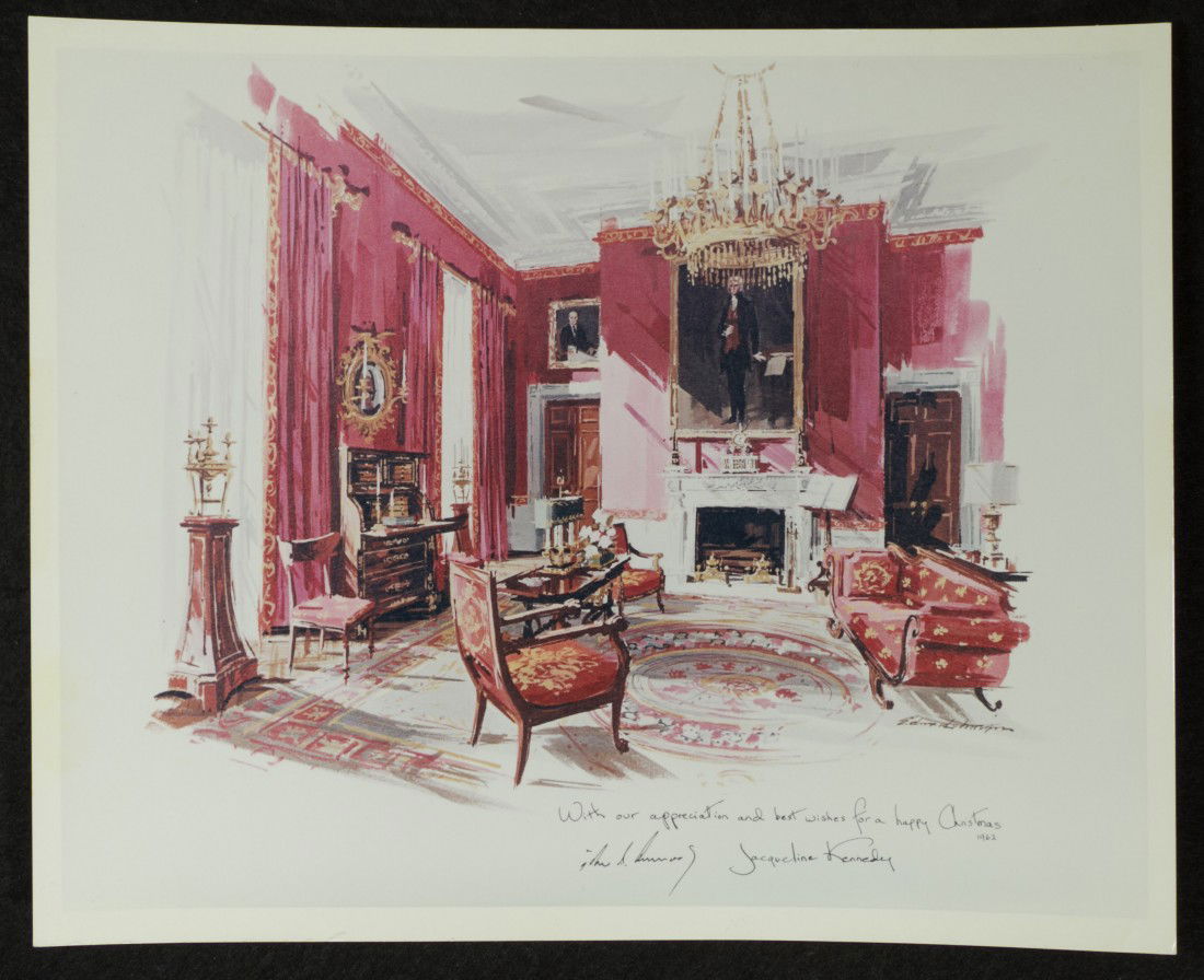 John & Jacqueline Kennedy White House Christmas Ca: 1962, Card features a reproduction of an original water color of the Red Room by Edward Lehman of Quakertown Pennsylvania | 8 inches x 10 inches