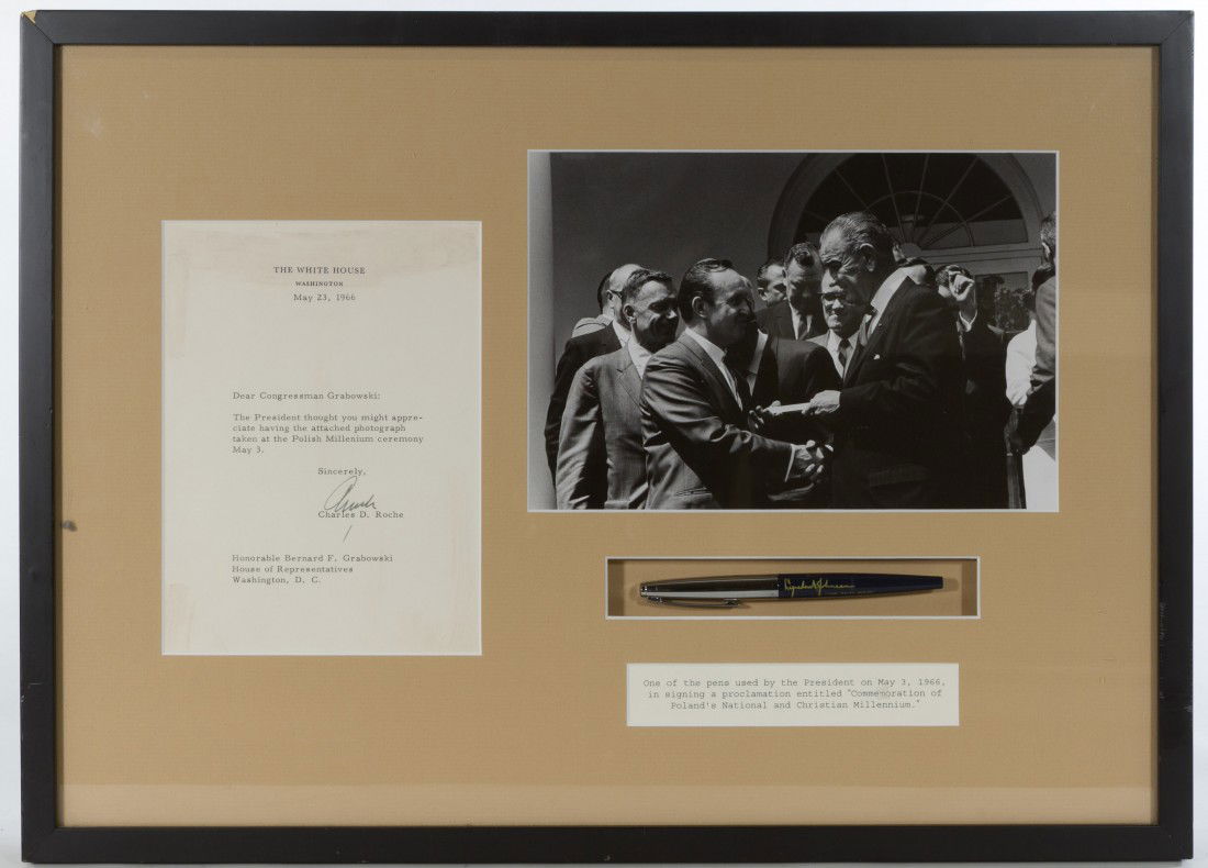 Lyndon B. Johnson, President, White House Letter a: 1966, dated May 3, pen used by the President to sign the "Commemoration of Poland's National and Christian Millennium" proclamation. Framed with a letter from the White House addressed to Congressman