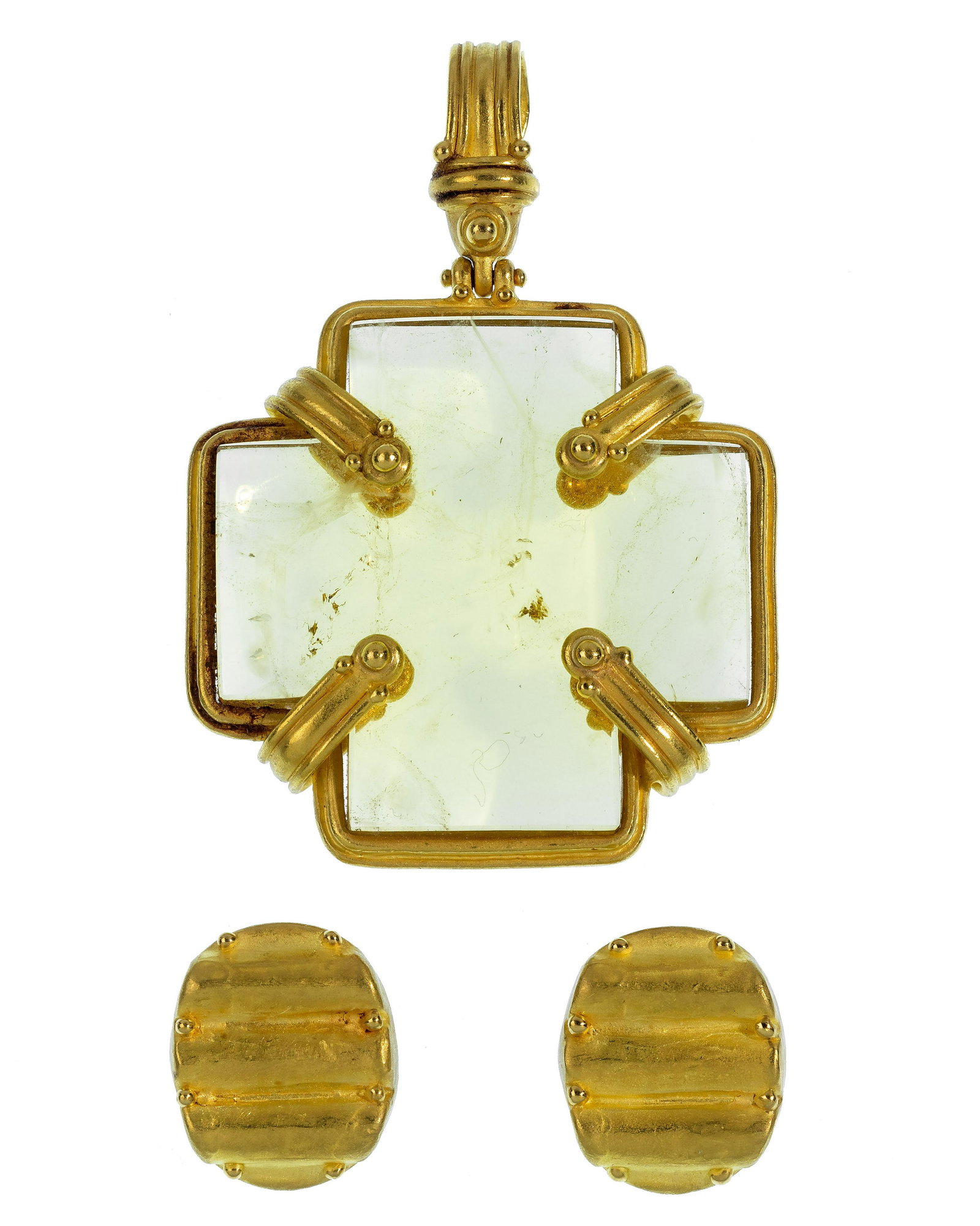 Denise Roberge 22k Yellow Gold Clip-on Earrings and Pendant: Denise Roberge 22k Yellow Gold Clip-on Earrings and Pendant (2) items including a pair of brushed earrings and citrine cross pendent, stamp signed and marked '22k' Property from: a Madison, Wisconsin 