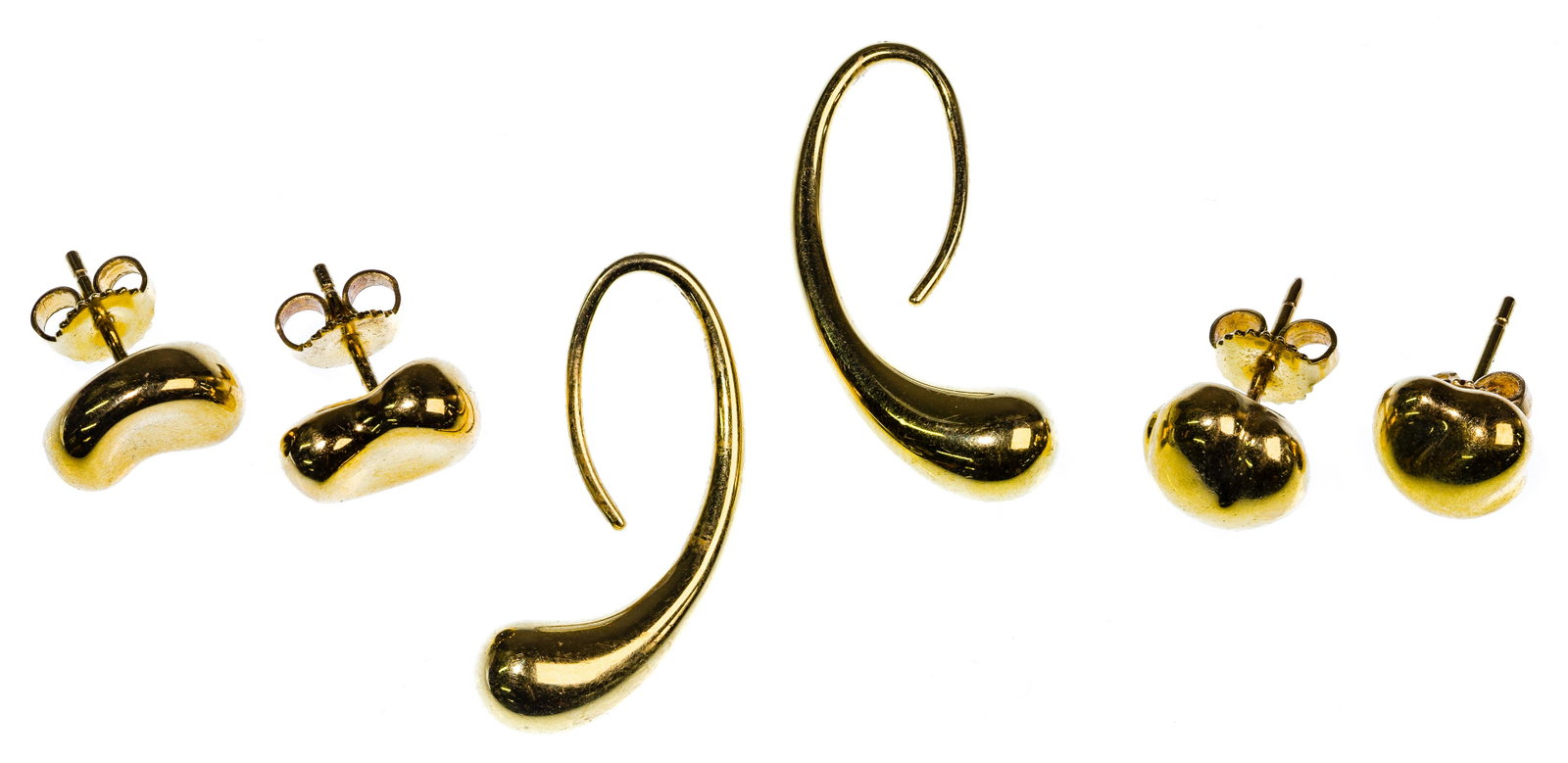Elsa Peretti for Tiffany & Co 18k Yellow Gold Pierced Earring Assortment: Elsa Peretti for Tiffany & Co 18k Yellow Gold Pierced Earring Assortment (3) pairs including (2) 'Bean' style and a 'Teardrop' hoop pair, all hallmarked 'Tiffany & Co.' impressed signed and marked '18