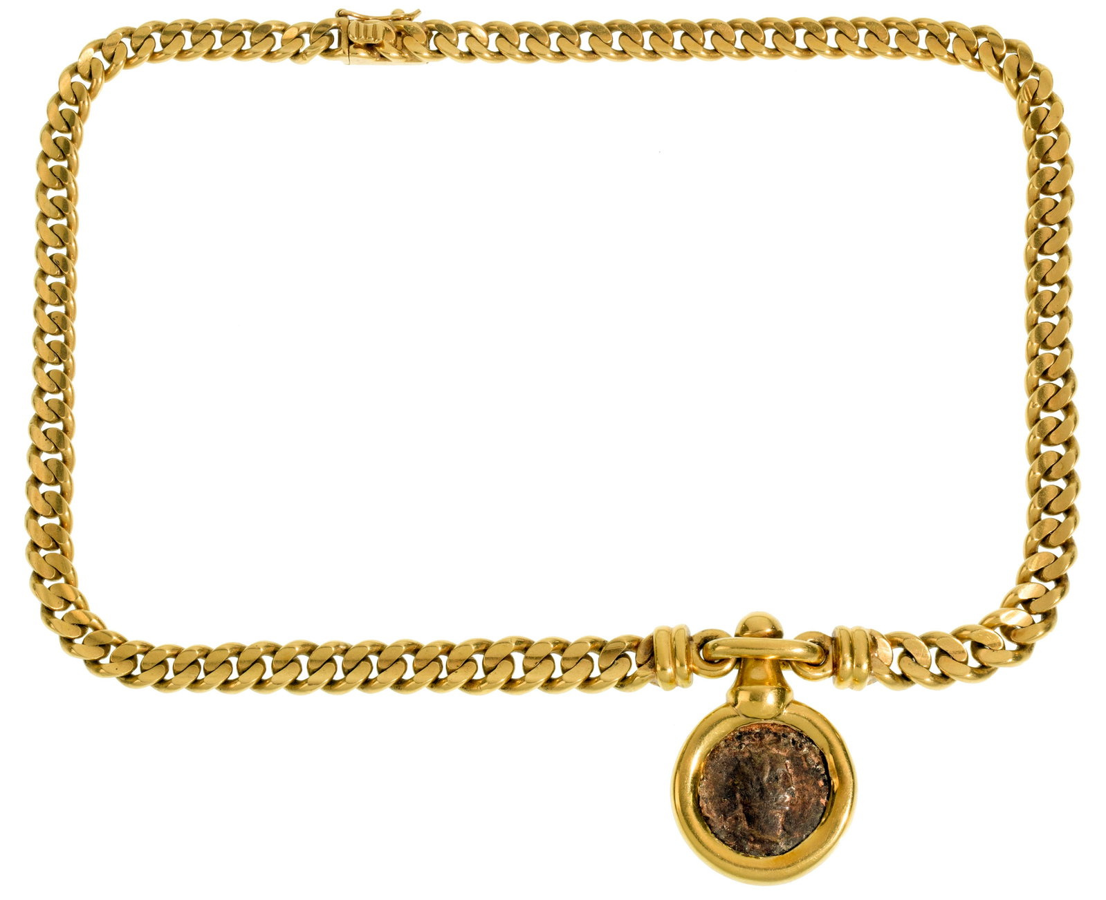 18k Yellow Gold Necklace: 18k Yellow Gold Necklace Cuban link necklace having a coin pendant in bezel setting, marked '750' on clasp Property from: a Madison, Wisconsin estate Length: 16 inches Weight: 63.53 dwts. (total weigh