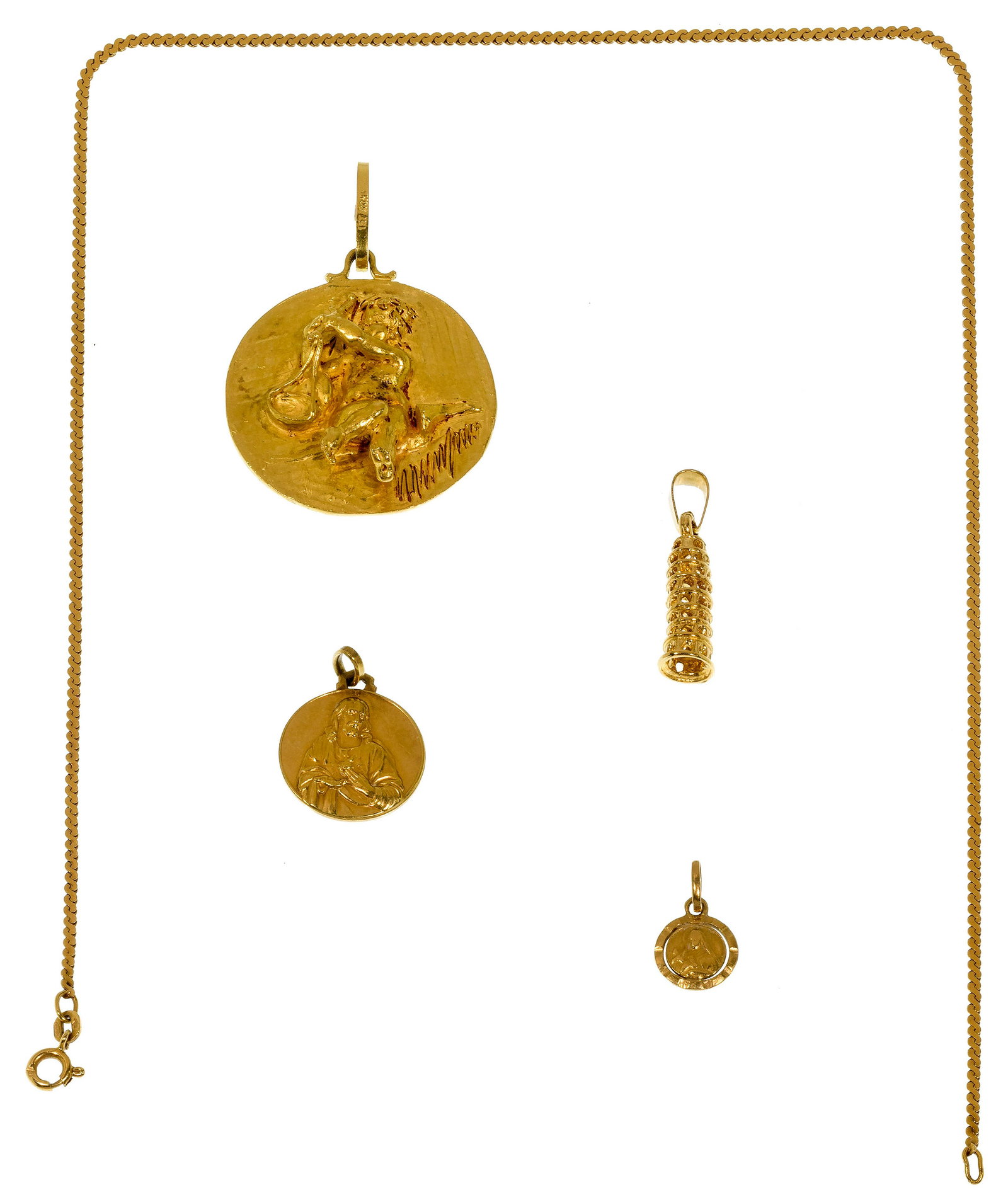 18k Yellow Gold Necklace and Pendant Assortment: 18k Yellow Gold Necklace and Pendant Assortment (5) items including a pendant having a cherub in relief, (2) religious pendants, a pierced cone pendent and a s-link necklace; all marked '750' Property