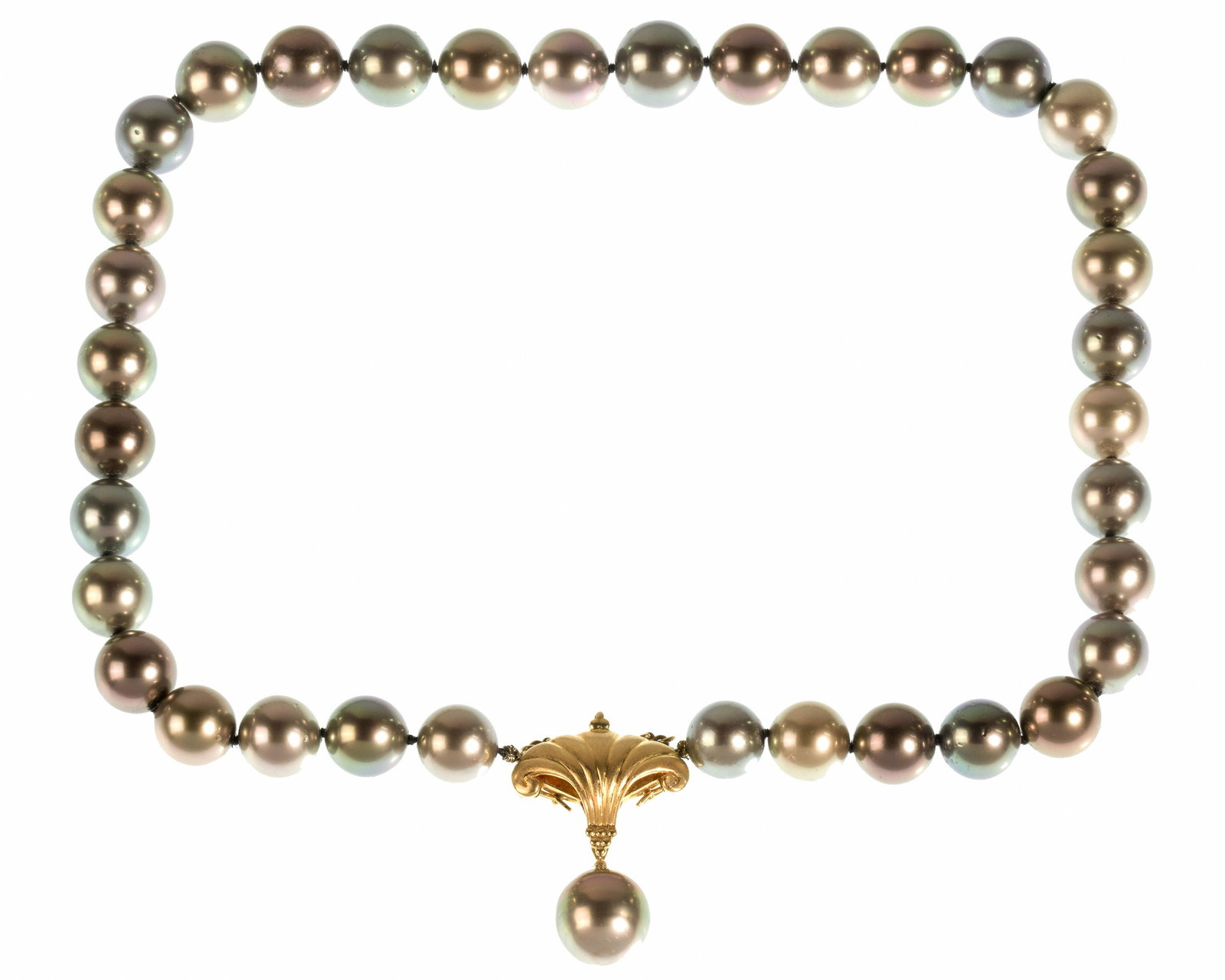Paula Crevoshay 18k Yellow Gold and Tahitian Pearl Necklace: Paula Crevoshay 18k Yellow Gold and Tahitian Pearl Necklace Single strand having pearls approximately from 12mm to 13.75mm, seashell design clasp having a 14mm tear drop pearl, stamped and marked '18k