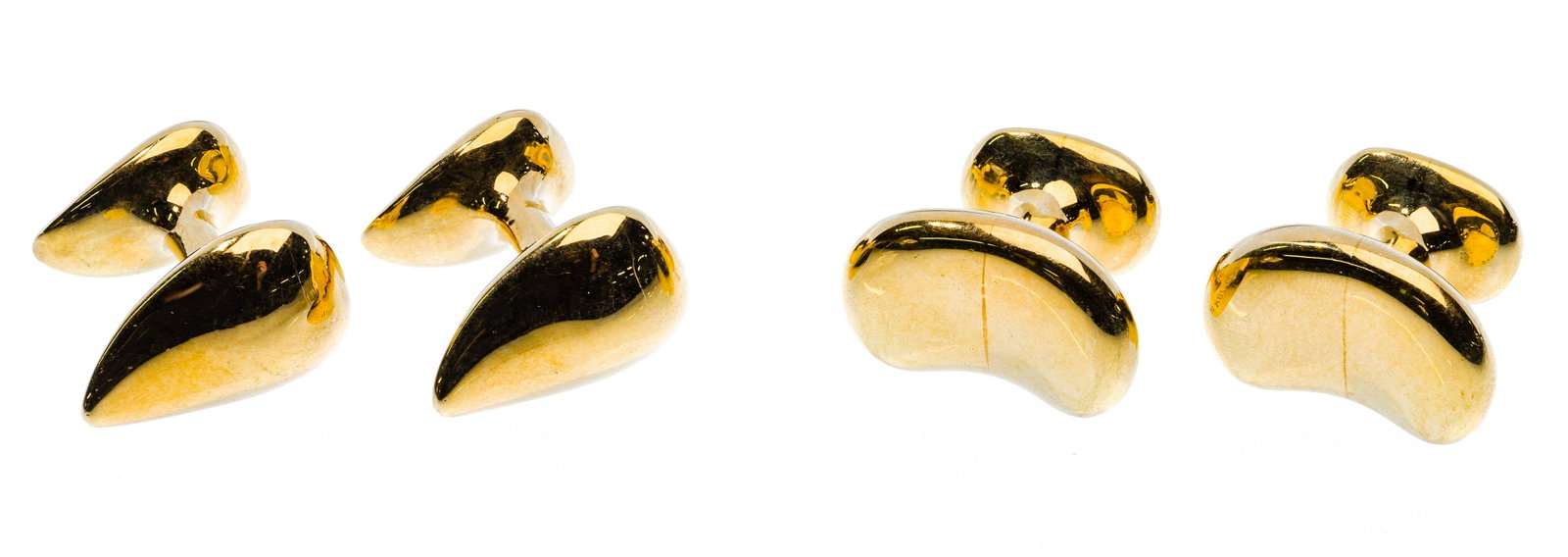 Elsa Peretti for Tiffany & Co 18k Yellow Gold Cufflink Sets: Elsa Peretti for Tiffany & Co 18k Yellow Gold Cufflink Sets (2) pairs including a 'Bean' design and a 'Teardrop' design, hallmarked 'Tiffany & Co.', stamp signed and marked '18k' Property from: a Chic