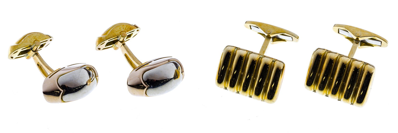 18k Yellow Gold Cufflink Sets: 18k Yellow Gold Cufflink Sets (2) pairs, two-tone oval and ridged tops; both marked '18k' Property from: a Chicago, Illinois (Hyde Park) estate Length: 1/2 inches Weight: 15.18 dwts. (total weight) Co