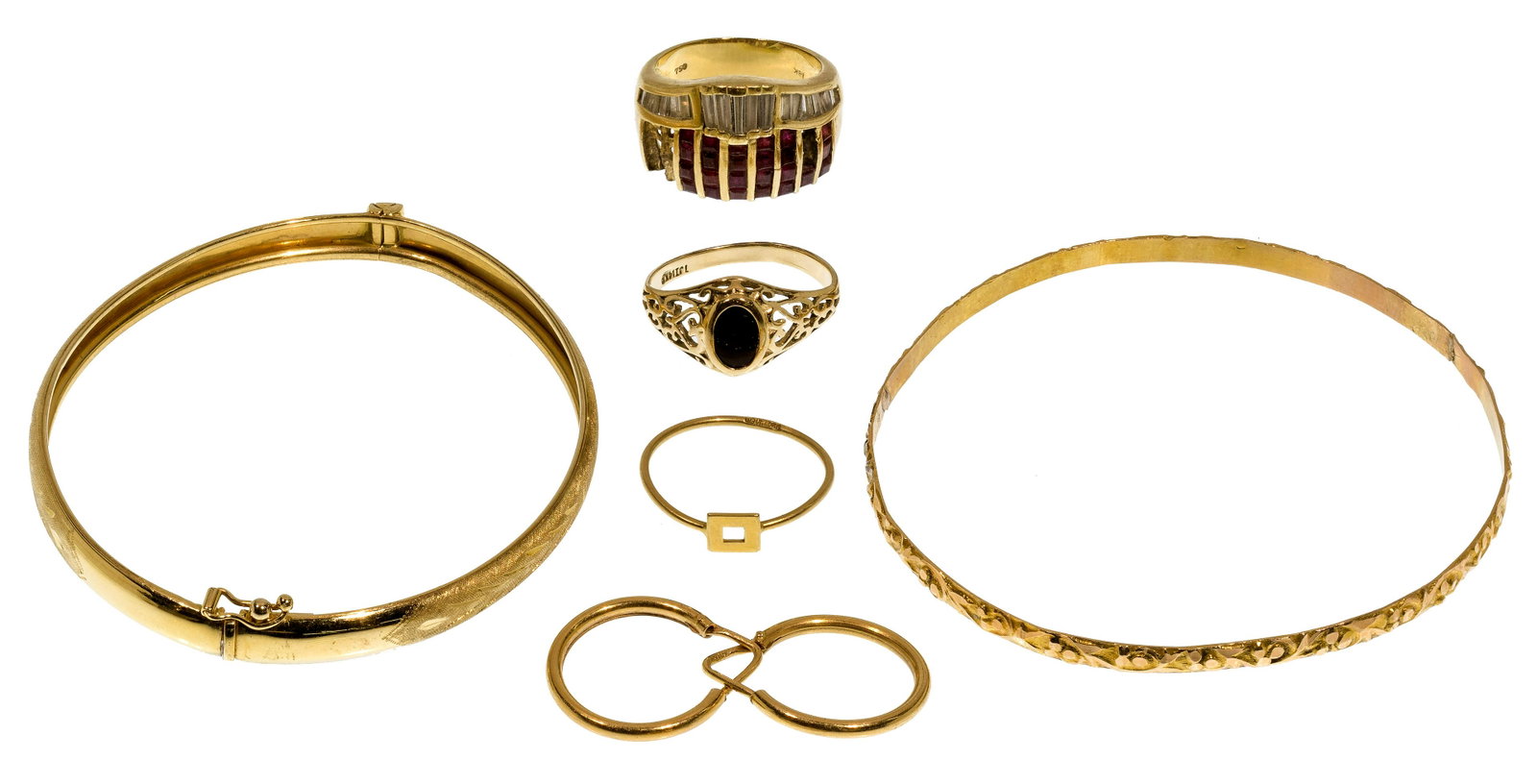18k Yellow Gold Jewelry Assortment: 18k Yellow Gold Jewelry Assortment (6) items including a ruby and diamond ring, an onyx ring, a square front ring, a pair of hoop pierced earrings, a hinged bangle bracelet and a bangle bracelet; most