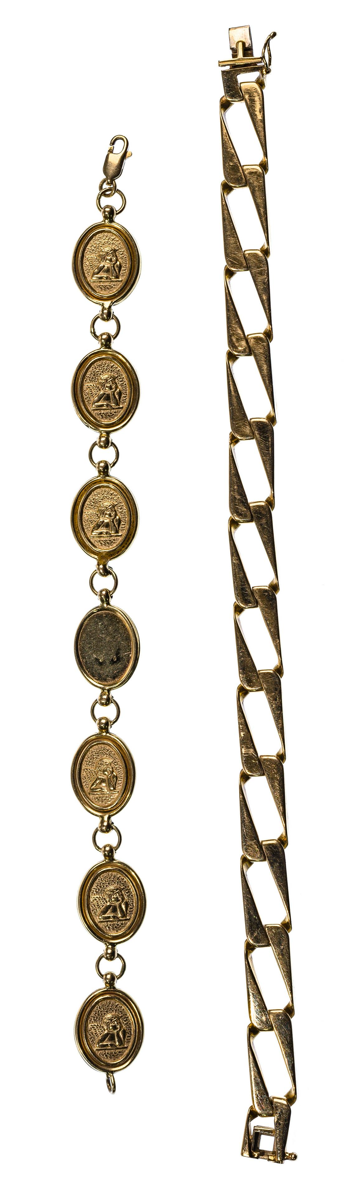 14k Yellow Gold Bracelets: 14k Yellow Gold Bracelets (2) items including a Cuban link style and an oval link having cherubs in relief, both marked '14k' Property from: a Park Ridge, Illinois estate Length: 9 inches (largest) We