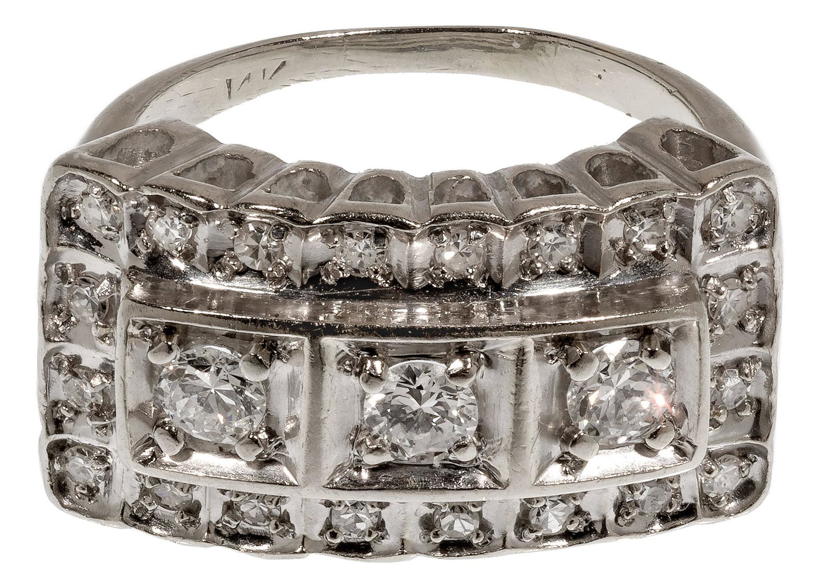 14k White Gold and Diamond Ring: 14k White Gold and Diamond Ring Having (3) center round cut diamonds in a square setting, framed by (20) smaller round cut diamonds, marked '14k' inside band Property from: a Park Ridge, Illinois esta