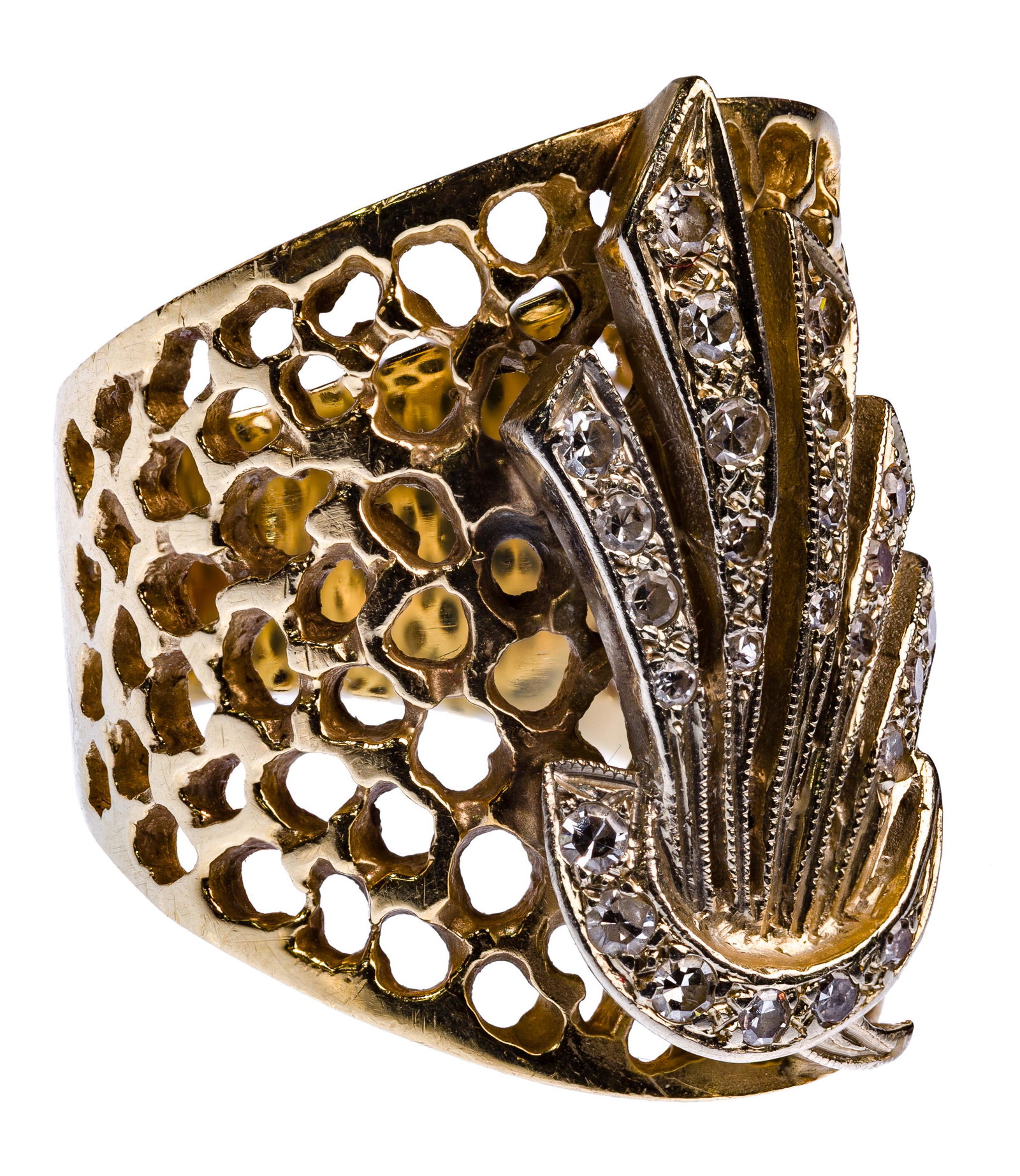 14k Yellow Gold and Diamond Ring: 14k Yellow Gold and Diamond Ring Honeycomb cigar band style having center front Art Deco style spray of (25) round cut diamonds set in white gold, marked '14k' Property from: a Park Ridge, Illinois es