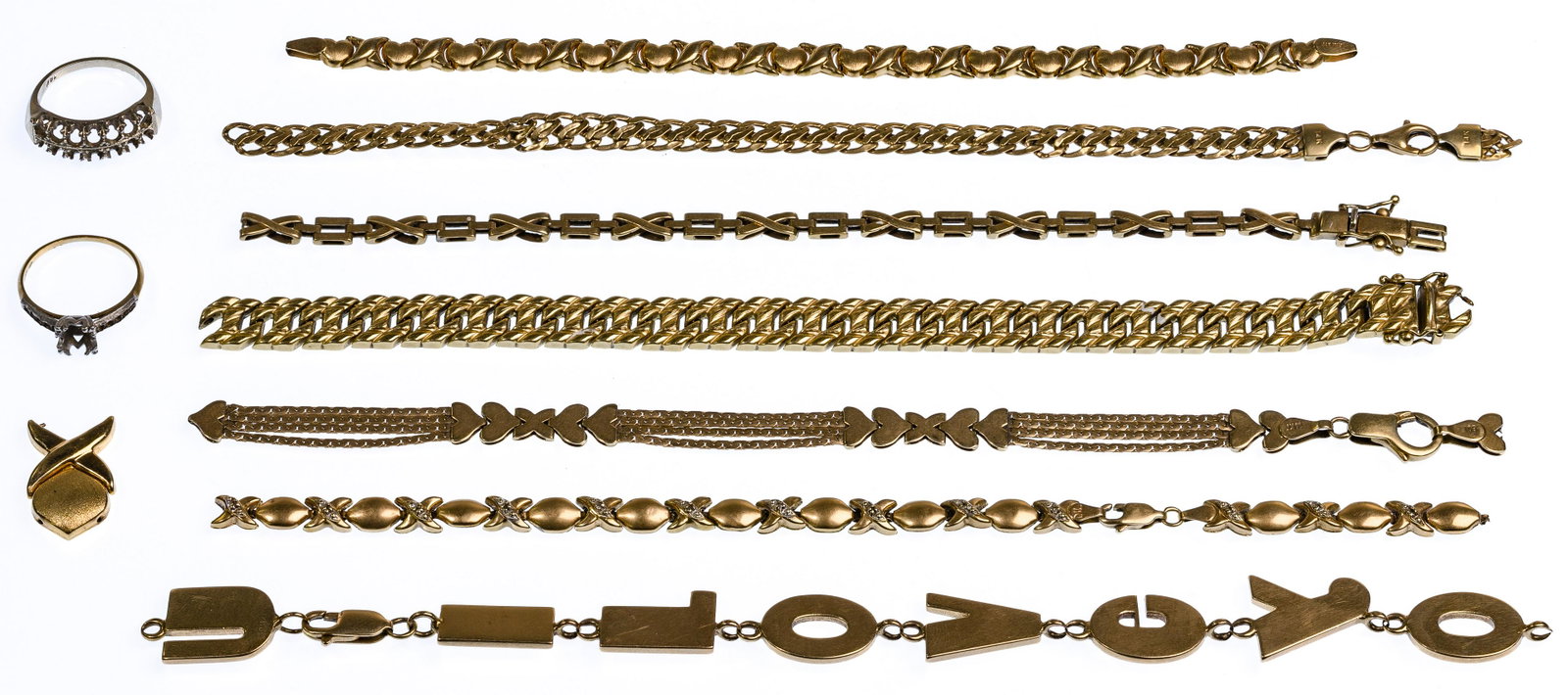 14k Gold Scrap Jewelry Assortment: 14k Gold Scrap Jewelry Assortment (9) items including (7) bracelets and (2) ring settings, all marked '14k' / '585' Property from: a Park Ridge, Illinois estate Length: 7 1/2 inches Size: 6 Weight: 56