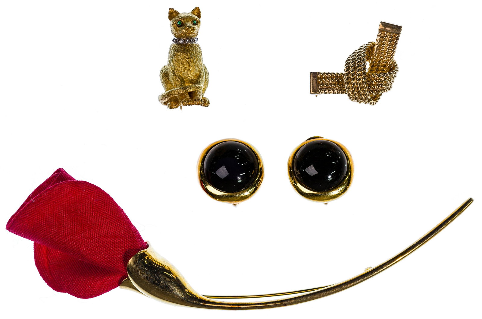 Tiffany & Co Yellow Gold Jewelry: Tiffany & Co Yellow Gold Jewelry (4) items including in '18k' a pair of onyx cabochon clip-on earrings, 'Elsa Peretti' red rose pin and cat having pave collar; and in '14k' mesh style love knot pin; a