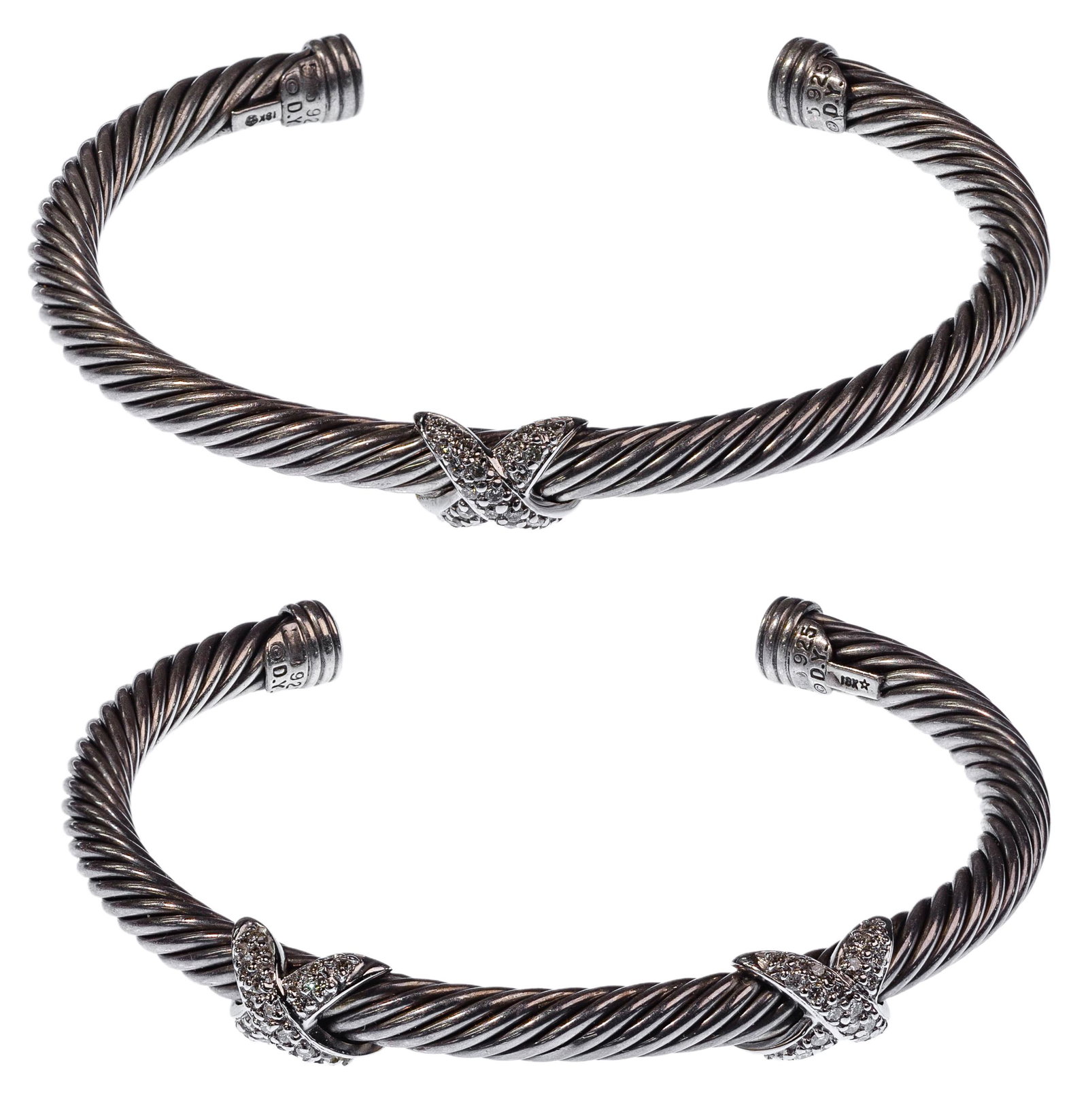 David Yurman Sterling Silver, Gold and Diamond 'Torque' Cuff Bracelets: David Yurman Sterling Silver, Gold and Diamond 'Torque' Cuff Bracelets Twisted cable cuffs each having diamond encrusted 'X' enhancements, stamped signature, marked '18k' / sterling Property from: a M
