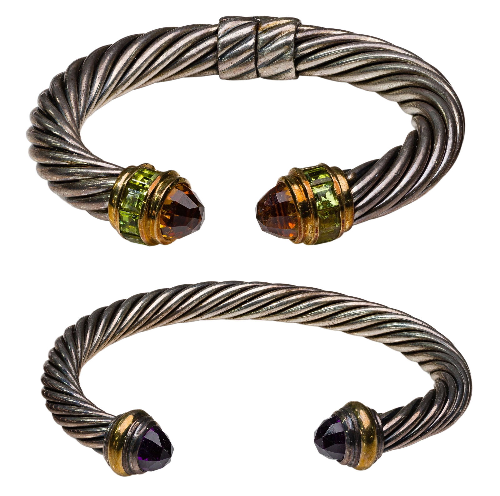 David Yurman Sterling Silver, Gold and Gemstone 'Torque' Cuff Bracelets: David Yurman Sterling Silver, Gold and Gemstone 'Torque' Cuff Bracelets (2) items including a cable cuff having amethyst ends; and a cable cuff having peridot and citrine ends; stamped signature, mark