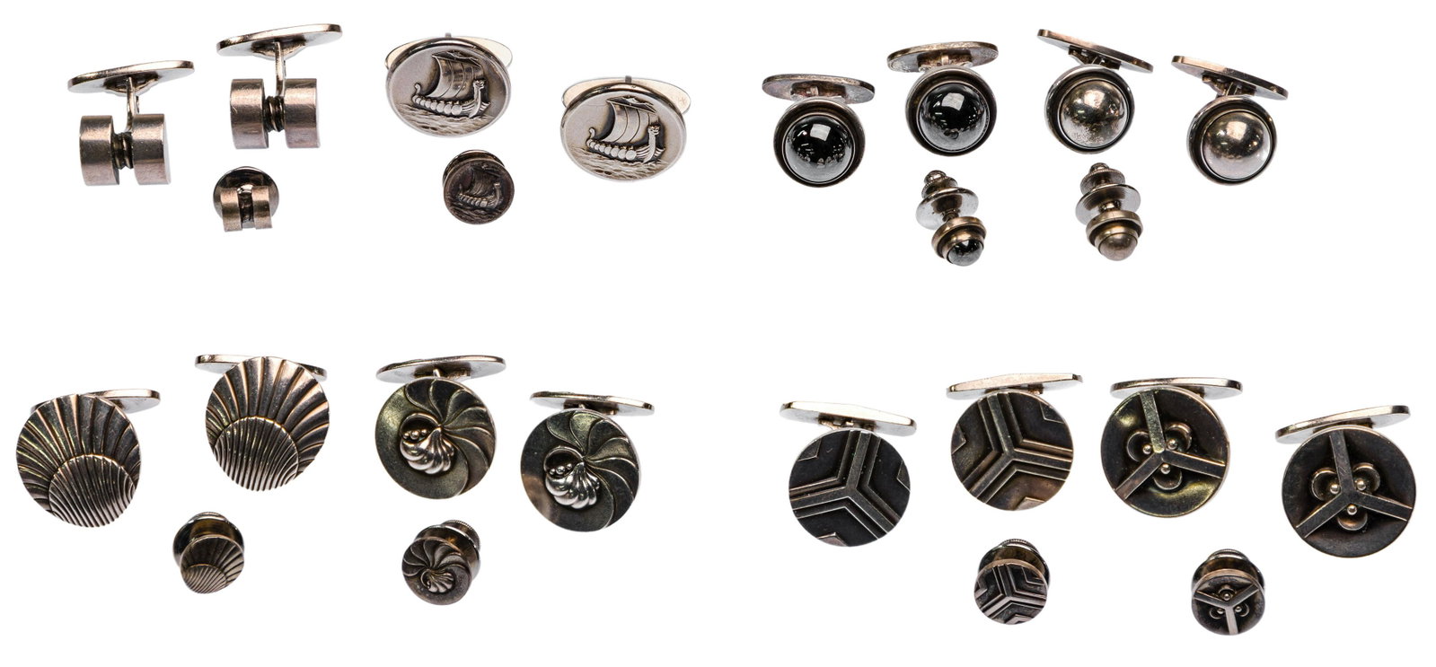 Georg Jensen Sterling Silver Cufflink and Tietack Sets: Georg Jensen Sterling Silver Cufflink and Tietack Sets (8) 3-piece sets including #53 'Nautilus', #66 'Sea Shell', #44D black cabochon bead, #44D silver cabochon, #67 bar bell design, #50 'Viking Ship