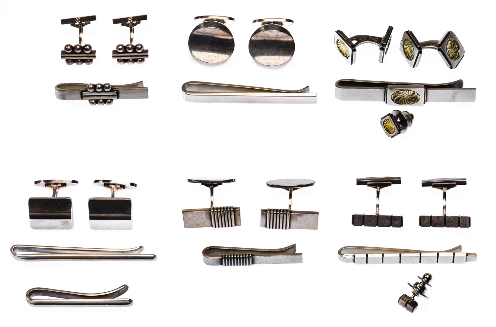Georg Jensen Sterling Silver Cufflink, Tiebar and Tietack Sets: Georg Jensen Sterling Silver Cufflink, Tiebar and Tietack Sets (6) sets including #80 3-piece rectangular; #61 3-piece beaded; #107 3-piece modernist; #64 4-piece cube design; #76 4-piece floral; and 