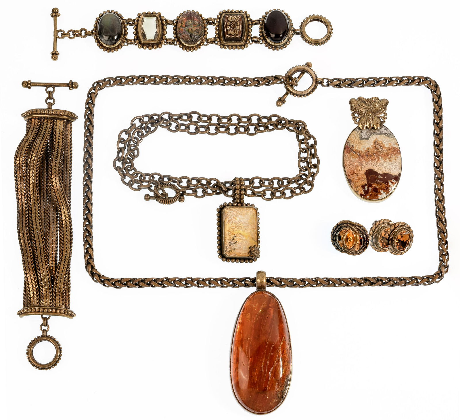 Stephen Dweck Costume Jewelry Assortment: Stephen Dweck Costume Jewelry Assortment (6) items including (2) necklaces with pendants, (2) bracelets, a pendant and a pair of clip-on earrings; all marked 'Stephen Dweck' Property from: a Madison,